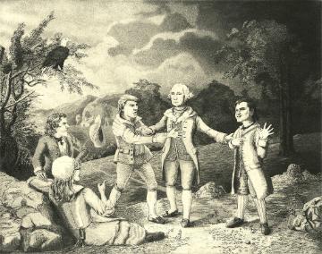 Sepia tone image of three men shaking hands with two others nearby outdoors.