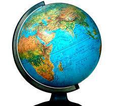 A globe showing continents and oceans, mounted on a stand.
