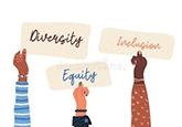Colorful graphic hands holding up Diversity, Inclusion, and Equity signs
