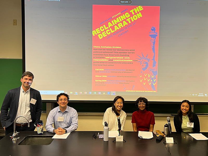 Tom Meredith, Tiago Moreno '28 (Political Science) and Camille Follante '28 (Political Science), Shalini Satkunanandan (UC Davis) and Jennie Ikuta (U of Missouri)