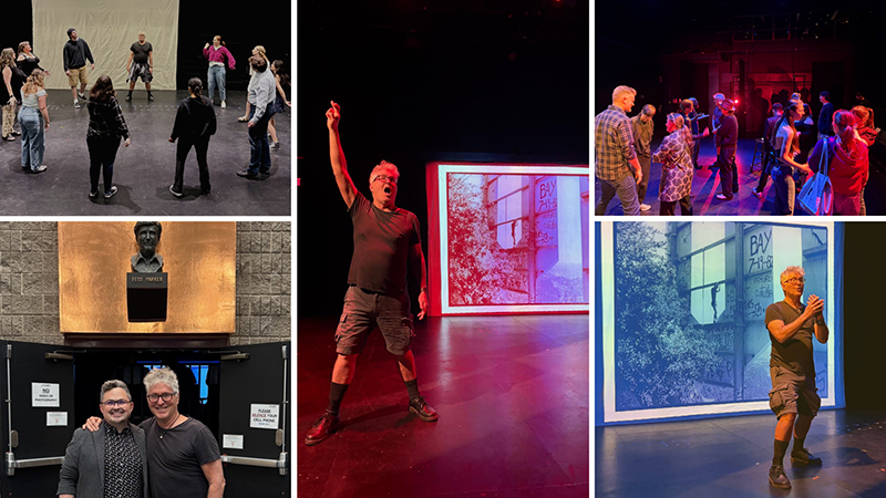 Top Left: Students participate in a performance creation workshop led by Tim Miller. Bottom Left: Benjamin Gillespie (Theatre & Dance) with Tim Miller in front of the Fess Parker Theatre. Middle and Bottom Right: Tim Miller performing A Body in the O. Top Right: Post-show discussions on stage in the Fess Parker Theatre.