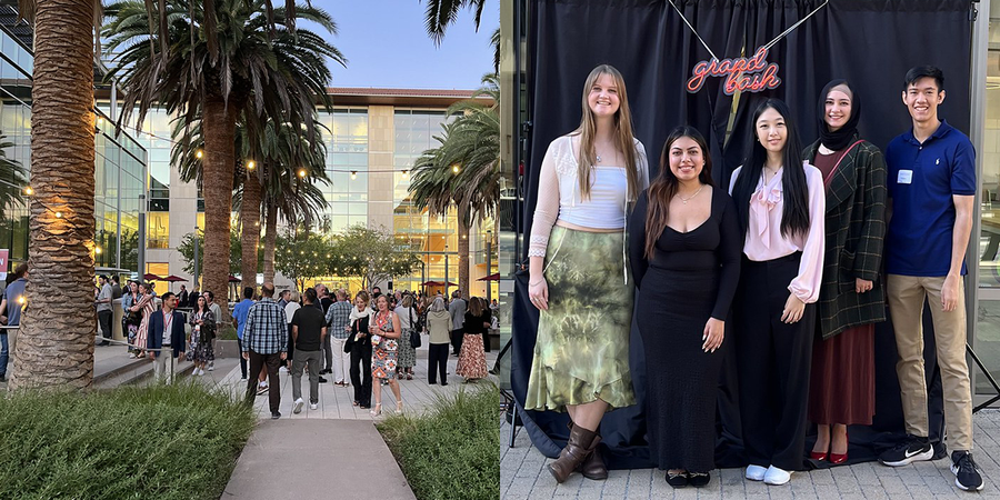 Left: Reunion attendees in the SCDI courtyard. Right: Student Assistants (L-R): Emma McCarthy, Jasmine Arizpe, DeeDee Pan, Ashley Treanor, and Ethan Diec.