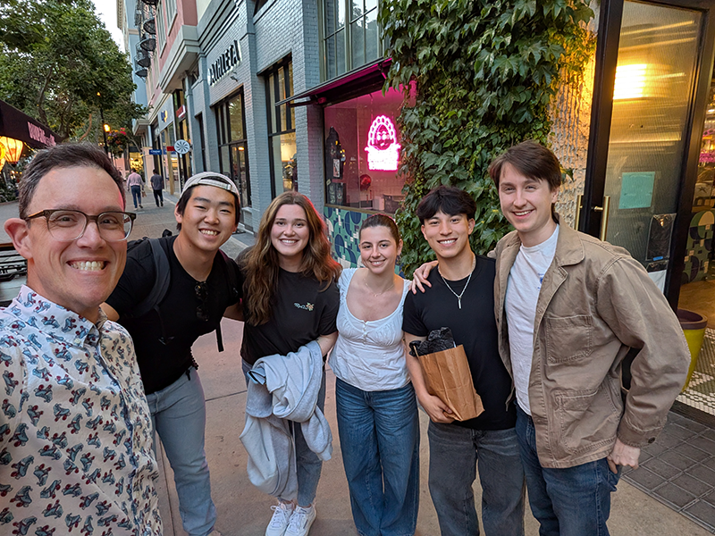 End-of-year celebration with the lab. From right to left: Ian Carter-O'Connell, Peter Maio ’28 (Biochemistry), Makayla Dupen ’25 (Neuroscience, Biochemistry), Violetta Yousefpor ’28 (Bioengineering), Steph Nivaggioli ’25 (Biochemistry), Christian Mohr ’25 (Biology).