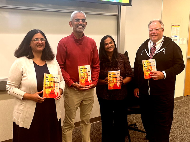 Anita Varma (University of Texas Austin), Subramaniam Vincent (Director for Journalism and Media Ethics, Markkula Center for Applied Ethics), Mythri Jegathesan (Anthropology), and Don Heider (Executive Director, Markkula Center for Applied Ethics)