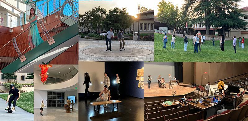 Collage of 7 photos from rehearsals of the new devised piece, overheard, a skylark called