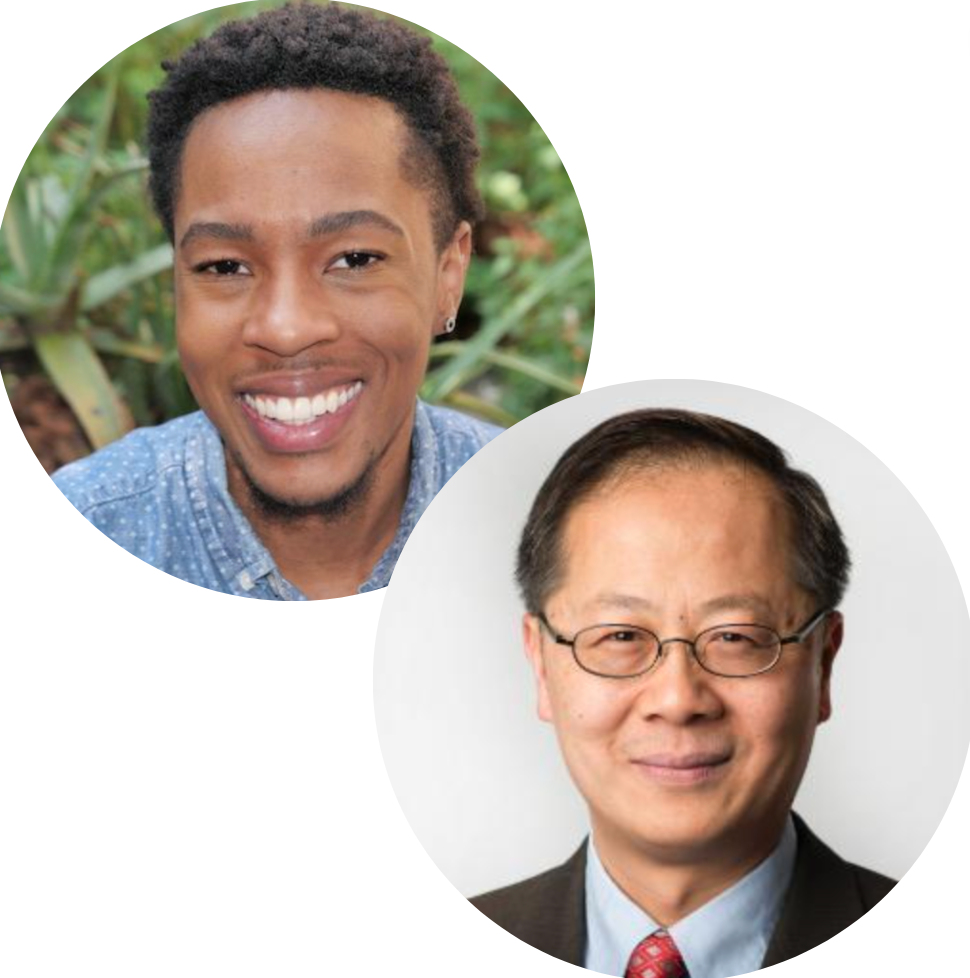 Two smiling men in circular frames, one with glasses.