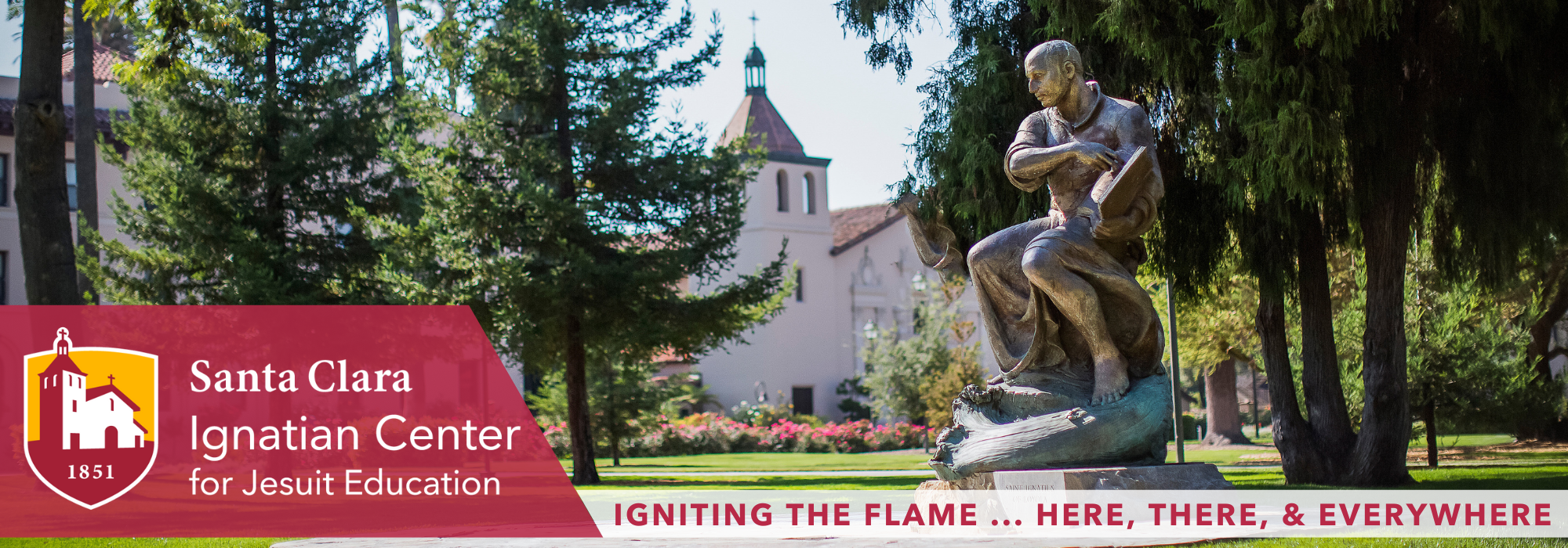 ICJE Newsletter header Igniting the Flame ... Here, There, and Everywhere St. Ignatius Statue and Mission Church in background