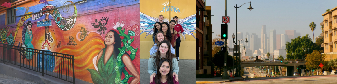 LA Immersion banner - mural, students in front of Homeboy Kinship wings, downtown LA from Boyle Heights