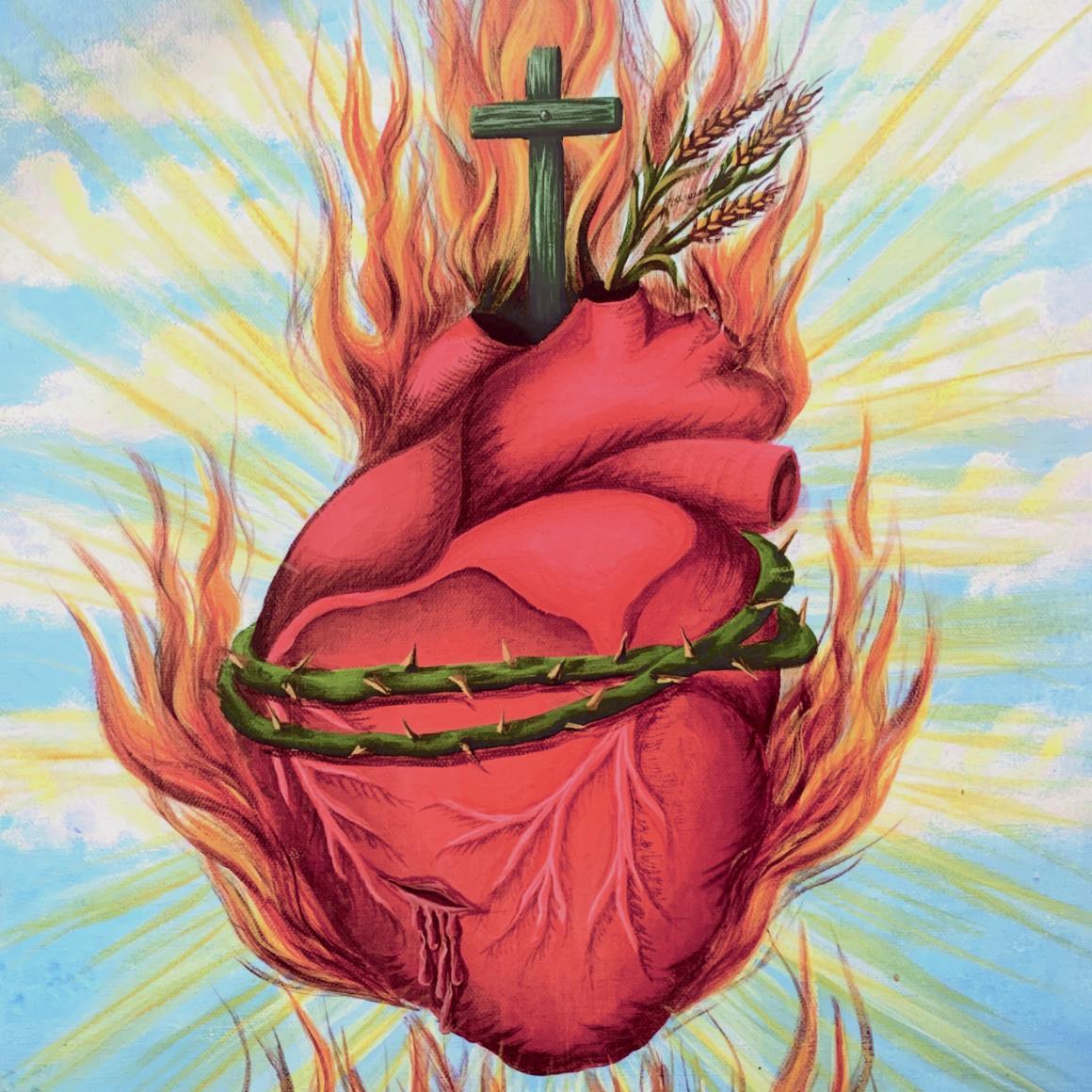 Sacred Heart with flames, a cross, and a crown of thorns.