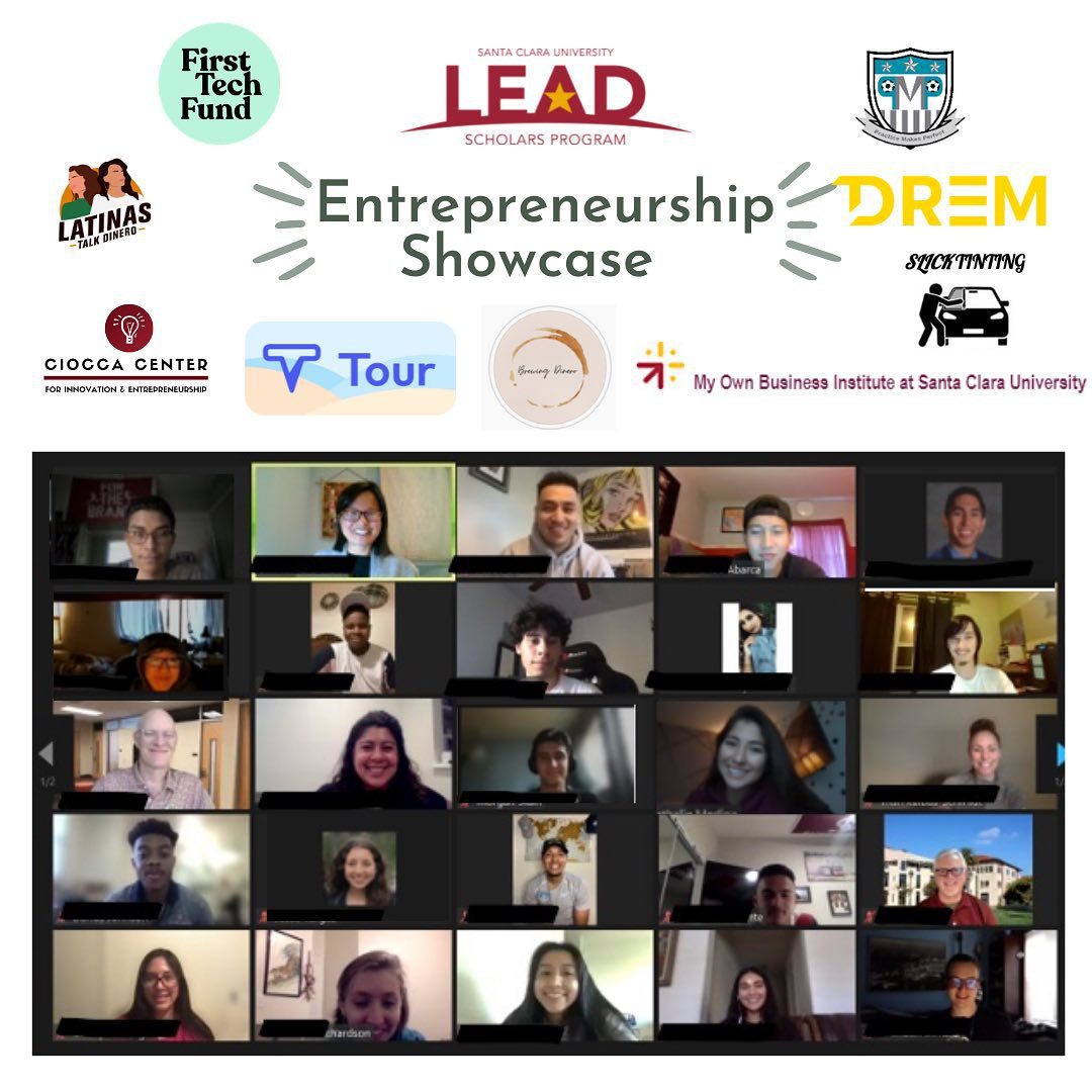 Screenshot of LEAD Entrepreneurship Showcase Zoom with multiple participants and educational institution logos.