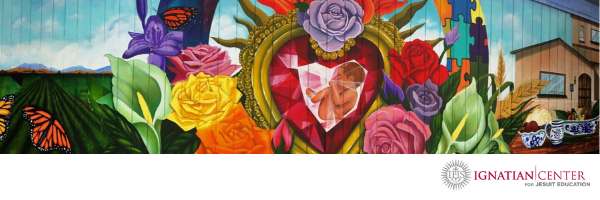 Colorful mural with a heart surrounded by flowers and The Neighborhood Initiative logo.