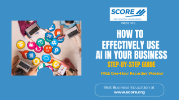 Graphic image highlighting SCORE's AI recorded webinar, visit www.score.org to find events.