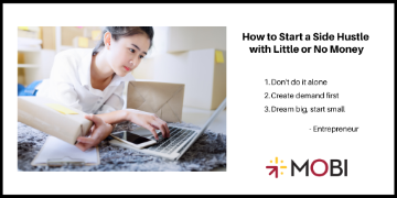 "How to start a side hustle with little or no money" on white background next to a person using a laptop.