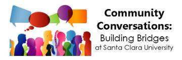 Silhouettes with speech bubbles and text: Community Conversations: Building Bridges to Serve Our Clients' Priorities.