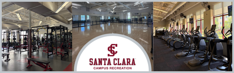 Photos of the weight room, multipurpose room, and cardio equipment in one collage with the Campus Recreation logo