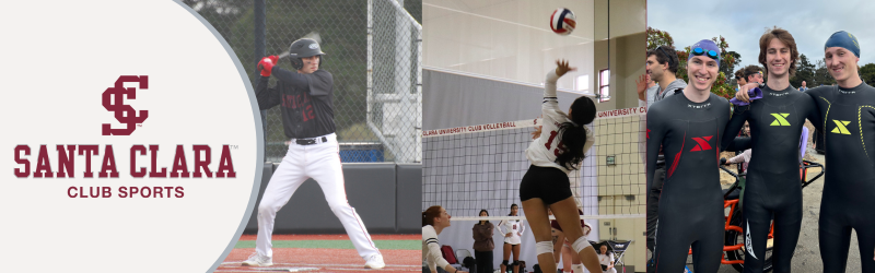 Club sports logo with men's club baseball, women's club volleyball, and triathlon