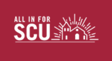 Image with red background with text "all in for scu"