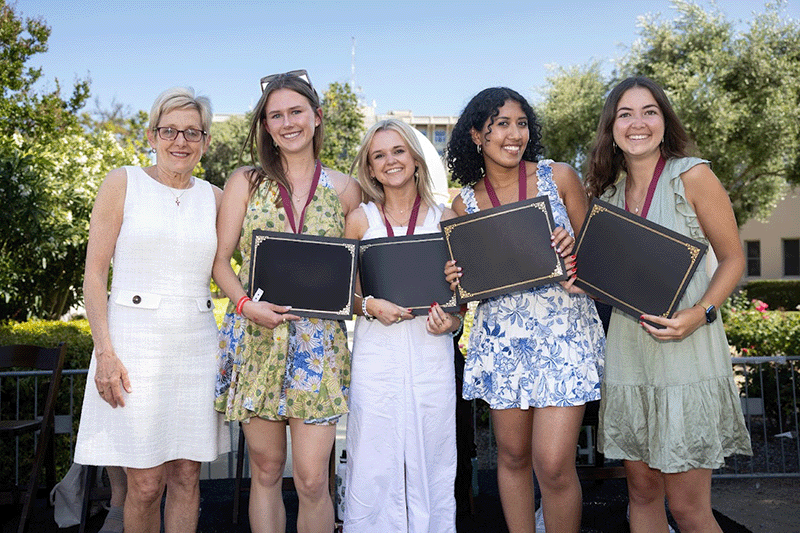 SCU President Julie Sullivan, Grace Yonkers-Talz, Kimberly Wood, Ria Panda, Laura Clark