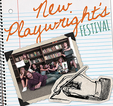New Playwrights Festival poster with a group photo and a hand drawing.