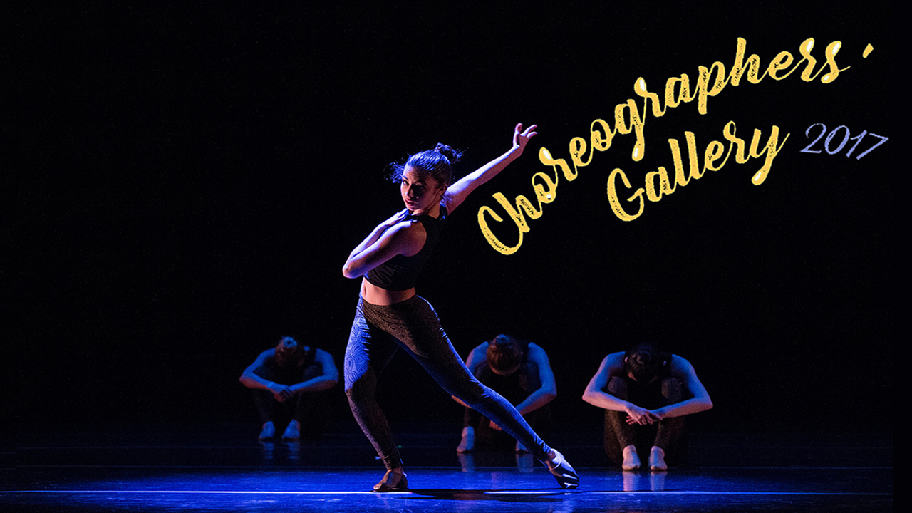 Two performers dance with Gallery SYMPOSIUM Sunday text.