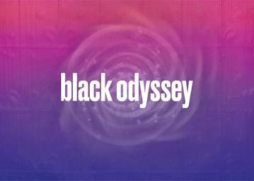 Title Black Odyssey in white on a graded pink to blue background 