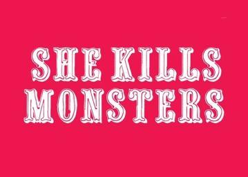Title She Kills Monsters in white on a dark pink background 
