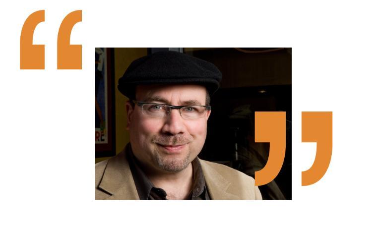 A man is shown with orange quotation marks around his image.