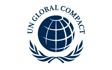 United Nations Global Compact Logo A rendering of a blue globe with white vertical and horizontal lines. The words 