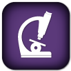 White microscope icon on a purple background.
