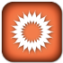 White sunburst icon on an orange square background.