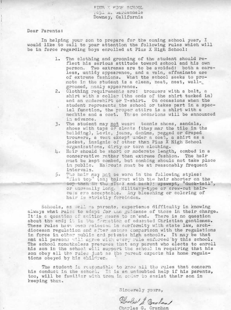 1960s school dress code letter titled The Outsider