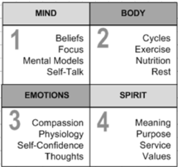 Grid titled Day10-WTRFG with categories: Mind, Body, Emotions, Spirit and related keywords.