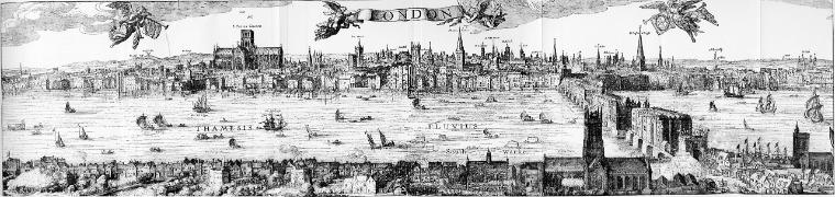 Part of a panorama of London by Claes Van Visscher, 1616, showing London Bridge spanning across the Thames. Source: http://teach.shakespearesglobe.com/fact-sheet-london?previous=/library 