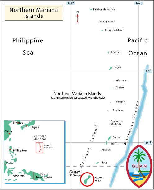 Map of Northern Mariana Islands with inset and coat of arms.