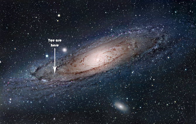 Andromeda galaxy, with labeled points of interest, in space.