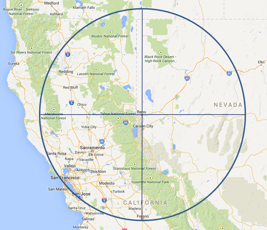Map of California and Nevada with a circle radius covering both states.