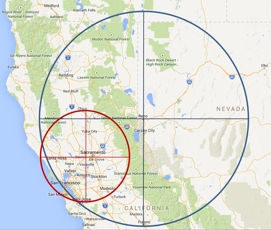 Map with two overlapping circles centered on California.