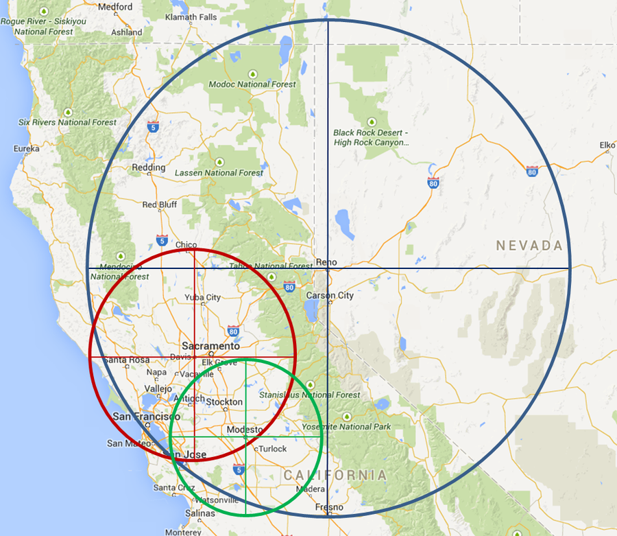 Map of California with red and green circles and blue line.