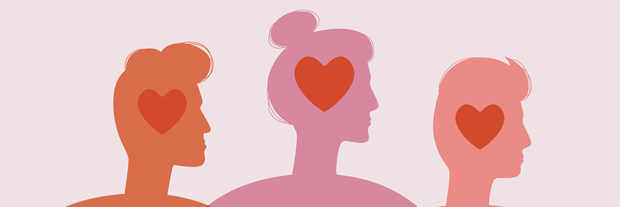 Three illustrated silhouettes of people in profile, facing right, each with a red heart over their heads.