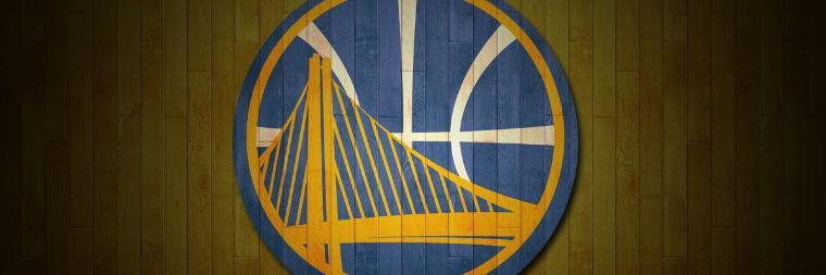Golden State Warriors logo on a dark background.