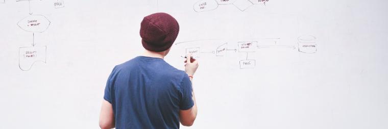 A person writing text on a whiteboard.
