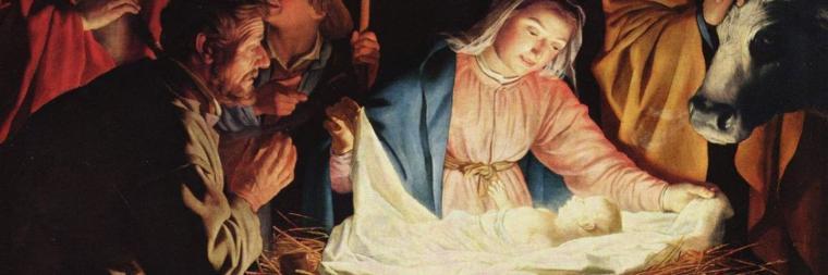 Religious painting depicting a person with a scroll and a child.