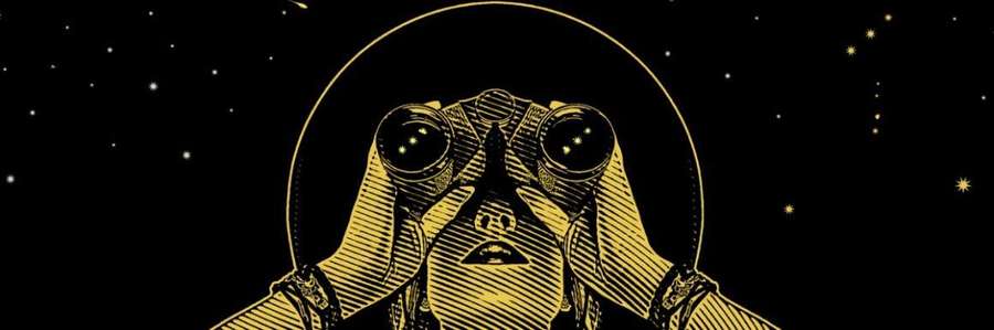 Illustration/engraving of a young hipster woman looking through binoculars.